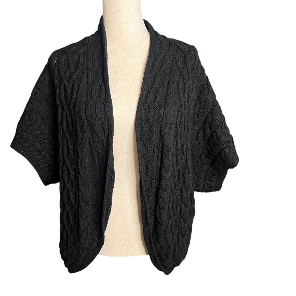 Coldwater Creek‎ Black Chunky Cable Knit Short Sleeve Shawl Cardigan Sweater M